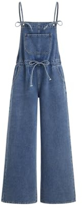 CIDER Denim Overalls for Women Bowknot Overalls with Adjustable Straps | Cute, Loose Fit, Drawstring, Wide Leg Jeans, Jean Jumpsuits with Pockets: Mid Blue, XL