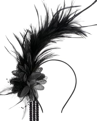 ETOFETE Feder Kopfschmuck Schwarz Haarreif Damen Fascinator für Fasching, 20er Jahre Papagei Stirnband Blumen Quaste Haarschmuck für Karneval Hochzeit Halloween Cosplay