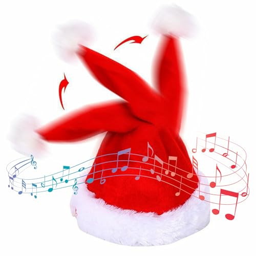 AVZYARDY Elektrische singende Weihnachtsmann-Mütze, tanzende Weihnachtsmütze mit Musik und Bewegung, lustige Plüsch-Schaukel-Xmas-Mütze, batteriebetriebene musikalische Santa-Hut for Feiertagsfeiern