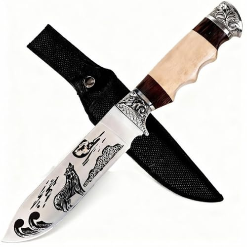 GER-SABER Outdoor Messer 24cm – Drop-Point Klinge mit Wolf-Lasergravur, Verzierter Handschutz und Abschluss, Geschichteter Bubinga-Buche-Griff, Mysteriöser Naturbegleiter