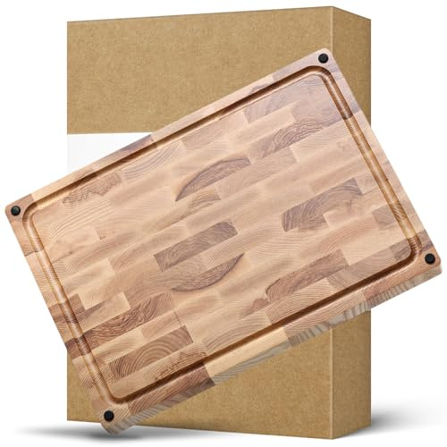 HEZHEN Tabla de Cortar Doble Cara, Grande Tablas de Cortar de Madera de Fresno, Madera Bandeja para Servir, Ranura & Asa Incorporada,Tabla para Servir con Patas Antideslizantes