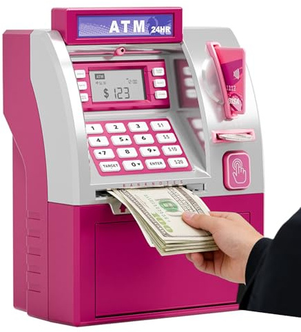 Tirelire électronique pour Enfants ATM, Coffre-Fort Intelligent pour Cartes bancaires, Tirelire pour Enfants, Jouet Cadeau avec Stockage Automatique des Billets de Banque (Rose)