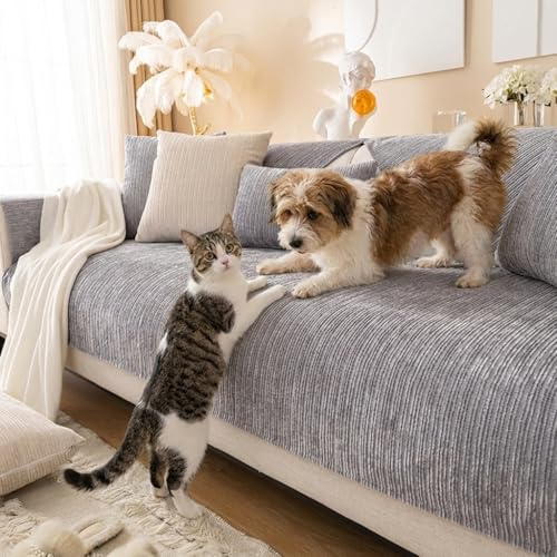 XRDSHY Sofabezug Anti Rutsch Sofa Überzug aus Chenille, Sofaschoner rutschfest Couch Überzug für Hunde & Katzen auf Ecksofa L & U Form, Waschbarer Sitzkissenbezug Kratzfest (Grau 1, 70x150cm)