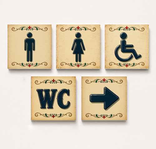 GOYAPRINT Lot de 5 affiches WC vintage 12 x 12 cm – Homme, femme, WC, handicapés et flèche – PVC rigide de 5 mm – Signalisation décorative pour salles de bains, bars, restaurants, maisons rurales et
