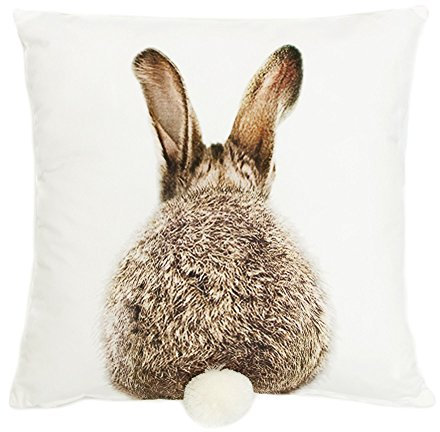 FRANK FLECHTWAREN Kissenhülle Meister Lampe 45x45 cm Dekokissenbezug Hasen Motiv Polyester Weiß Braun Bommel Detail Reißverschluss Waschbar