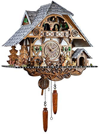 Eble Kuckucksuhr Kuckuckuhr Echtholz NEU batteriebetriebenes Quartzwerk Musik Kuckuckruf Holzhacker Schwarzwaldhaus 45cm- 26320