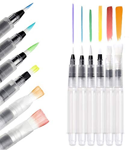 Water Brush Pens Aqua Pen Brushes Refillable Aquash Paintbrush with Water Reservoir Watercolour Paints Water Soluble Pencils Aqua Flow Markers Wash Painting Blending (6 Assorted Tips Set - 1 Set)