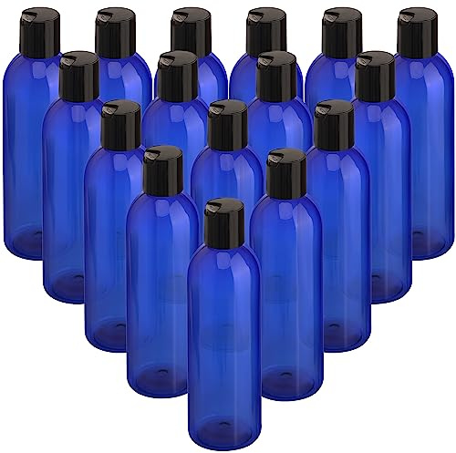 BELLE VOUS Blue Plastic Squeeze Bottles (16 Pack) - 240ml / 8oz Disc Top Flip Cap Containers - Empty Refillable Travel Bottles for Cosmetics, Lotion, Shampoo, Liquid Body Soap, Creams, and More