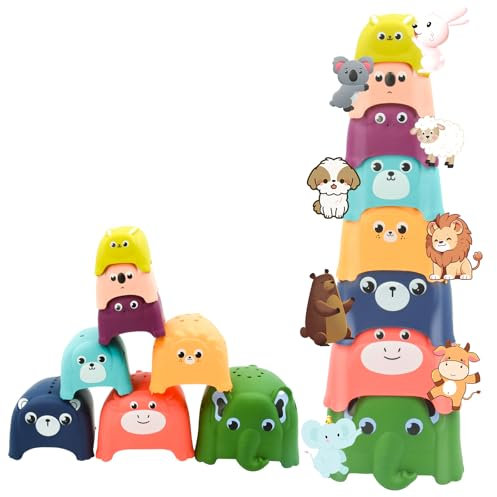 Locisne Lot de 8 gobelets empilables en forme d'animal - Pour enfants - Cadeau d'anniversaire - Pour garçons et filles Jaune, Vin Rouge, Bleu Clair, Rose, Vert, Rouge, Gris 13x10x3.9CM
