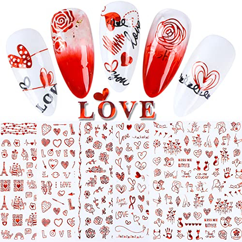 Nagel Sticker Selbstklebende, Valentinstag Nagel Aufkleber 3D Metallisch Rot Valentinstag Stickers Liebe Herz Kuss Rose Nagel Art Dekoration für Frauen Mädchen (9 Blätter)
