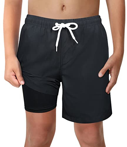 LUCOWEE Boys Black Swim Trunks with Boxer Brief Liner Anti Chafe No Mesh Swimming Shorts Compression Lined 4-Way Stretchy UPF Quick Dry Swimsuit Size 10-12 Medium