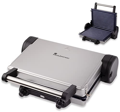 MasterPro Foodies | Parrilla Eléctrica Antiadherente | Grill de 12 x 32 x 40 cm | 2200 W | 2 Termostatos Ajustables | 180º apertura |Fabricada en Acero Inoxidable y ABS| 3 Funcionalidades Diferentes