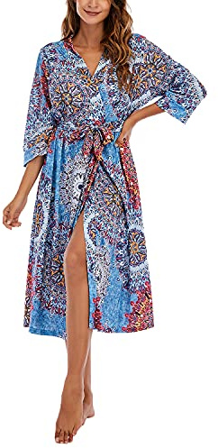MAGIC ARMOR Damen Bademantel Leichter/Frauen Morgenmantel,3/4 Ärmeln Morgenmantel V-Ausschnitt Kimono Roben Langes Nachthemd für Nachtwäsche,PAT3 S
