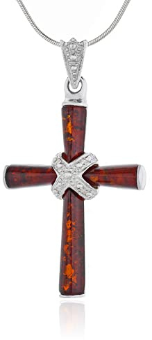 Collar Cruz con Ámbar para Hombre o Mujer, Plata 925, Ámbar Báltico color Coñac, Colgante Cruz de Plata Amber K con Cadena, Idea de Regalo Original