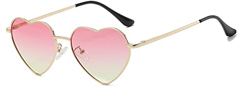 RUNHUIS Polarisiert Herzform Sonnenbrille Damen Herren Hippie Herz Brille Vintage Liebe Sonnenbrille für Festival Party Gold Metallrahmen mit UV400