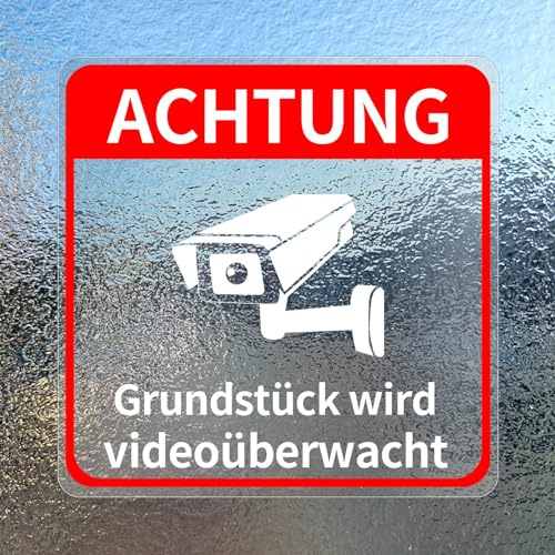Grundstück Wird Videoüberwachung Schild Aufkleber Vinyl kameraüberwachung 15 x 15 cm CCTV Achtung Kamera Warnschild Sicherheit Aufkleber für Fenster Tür Geschäft 5 Stück Rot