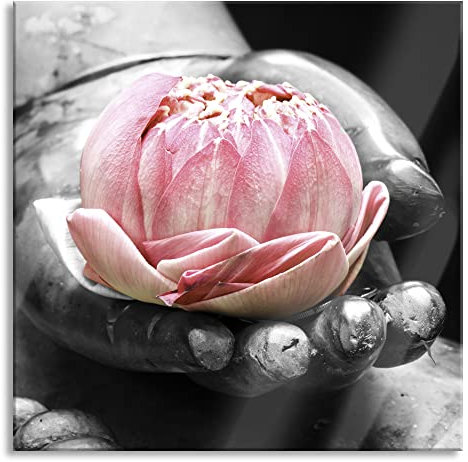 Pixxprint Glasbild, Wandbild auf Echtglas, Lotus in einer Hand eines Buddhas, 50x50 cm, inkl. Aufhängung und Abstandshalter