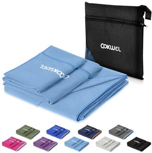 COKWEL Reisehandtuch Mikrofaser Handtuch 3 Stück-152x80cm/80x38cm/38x38cm - Schnelltrocknender Sporthandtuch, Saugfähiger Microfaser Handtücher für Fitnessstudio, Reisen, Strand(himmelblau)
