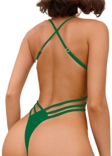 Faringoto Maillot de bain sexy pour femme - Tanga une pièce, Vert, S
