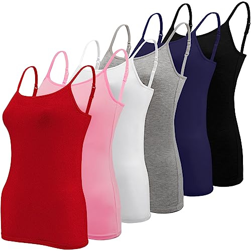 BQTQ 6 Pieces Vest Top Women Basic Camisole Adjustable Spaghetti Strap Tank Top for Women and Girls (Black, White, Grey, Hot Pink, Red, Dark Blue, XXL)