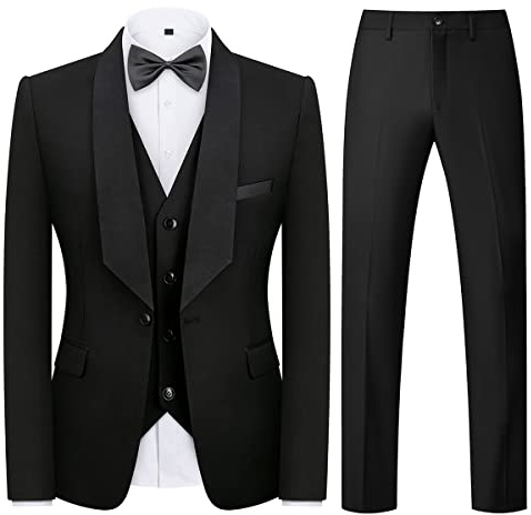 KUDMOL Mens Suit 3 Piece Tuxedo One Button Blazer Vest Trousers Sets for Wedding Party Prom(Black,L)