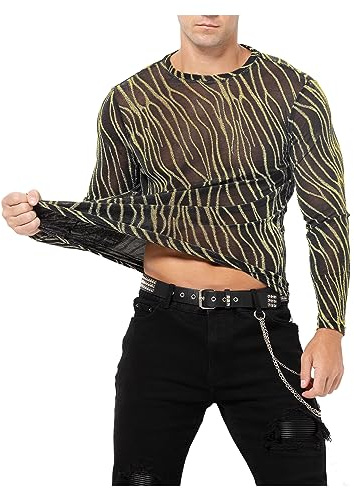 Casey Kevin Camiseta Transparentes Manga Larga Hombre Brillante Camisa Fiesta Ropa Punk Lentejuelas Disfraz Sexy Gótica Plateada Rejilla Shirts For Men Brillo Top Discoteca Jazz Rock Hip Hop Dance