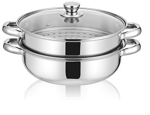 Cuiseur vapeur en acier inoxydable, 27,9 cm, 27,9 cm, 2 niveaux, marmite bouillante avec couvercle transparent en verre pour la cuisson des soupes ragoûts