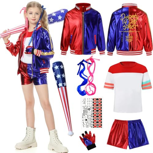 Ladhow Harly Quin kostym för kvinnor flickor, Suicid Harle Queen Kostuem för barn vuxna, Joke Harle kostym med handskar, jacka, t-shirt, byxor, basebollträ för halloween karneval