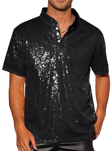 Acrawnni Herrenhemd mit glitzernden Pailletten, Vintage-Sommer, 1/4 Glitzerknopf, kurzärmelig, Disco-Top, 70er-Jahre-Party, Club, glänzendes Hemd, Rave-Tops