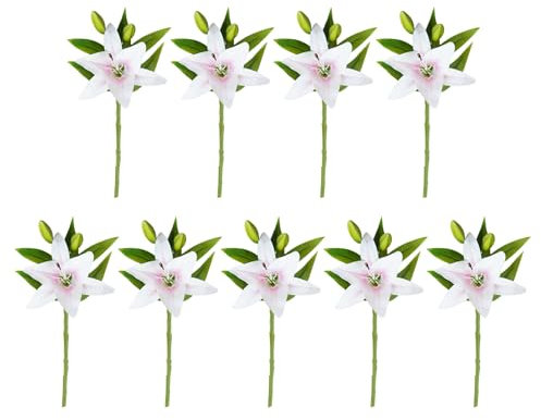 CUSROS Schöne künstliche Blumen, langlebige künstliche Pflanzen, 9 Stück, Lilien für Ostern, realistische weiße künstliche Tigerlilien, Frühling, Hochzeit, Zuhause, Rosa, Weiß