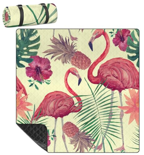 Mularoka Flamingo Picknickdecke, Ananas-Blumen, wasserdicht, sanddicht, faltbar, Stranddecke, 200,7 x 200,7 cm, extra groß, tragbar, waschbar, Outdoor-Matte für Camping, Park, Gras, Wandern, Reisen