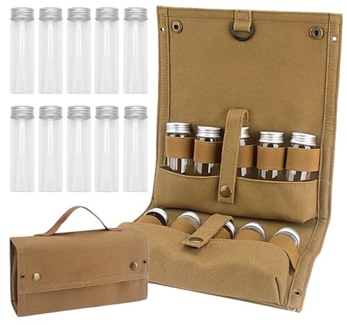 Tissting Camping Spice Kit 10 Pcs Travel Spice Jars with Khaki Storage Bag | Travel Salt and Pepper Containers Seasoning Bottles for Outdoor Travel Camping BBQ Picnic