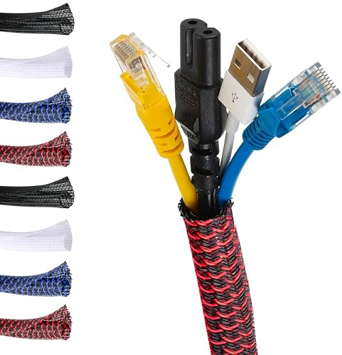 MarketConnect® Selbstschließender Kabelschlauch Ø 6mm, L 4m • Perfekt für Kabelmanagement und Schutz • Ideal für Schreibtisch und TV • SCHWARZ-ROT