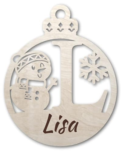 Urhome Weihnachtskugel personalisiert mit Wunschtext Gravur Buchstabe L mit Schneeman Motiv Hell Braun - Ornament Christbaumschmuck Weihnachtsdeko Weihnachtsbaum Anhänger aus 6,5mm Holz