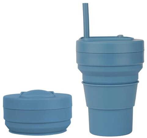 Taza de agua plegable de silicona de grado alimenticio, taza portátil, enjuague bucal de viaje y taza de cepillado, taza de café extensible y comprimida con tapa, botella de vaso (azul puro (incluye