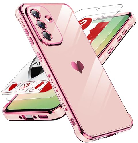LeYi Funda para Samsung Galaxy A56/A 56 5G 5 G, Silicona Carcasa con 2pcs Cristal Templado, Corazón Amor Mujer Estuche Protector Galvanizado Suave TPU Bumper Resistente Antigolpes Móvil Case, Rosa