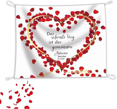 Salilena® Personalisiertes Hochzeitsherz zum Ausschneiden (200x180cm) inkl. 2 Scheren und wiederverwendbarem Zip Beutel aus Baumwolle - Standesamt Überraschung - Hochzeitzlaken (Rot)