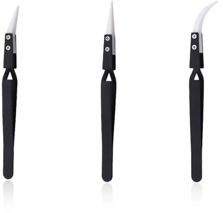 Juego de 3 Pinzas de Cerámica – Pinzas Antimagnéticas y Antiestáticas Resistentes al Calor (1600°C) para Electrónica, Joyería, Soldadura y Laboratorio – Punta Fina, Curva y Plana