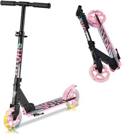 SUOTU Roller Kinder mit 145 mm Rollen, Scooter mit Leuchtrad für 3-12 Jahren, Zusammenklappbarer, Höhenverstellbarer, Cityroller for Boys and Girls, Aluminium (Schwarz und Rosa)