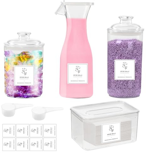 TOWEBOORY Lot de 4 Boîtes de Rangement à Linge avec Étiquettes, Distributeur de Lessive Rangement Lessive Multi-usages avec 2 Cuillères pour Capsules de Lessive, Boules de Séchage, Pinces à Linge