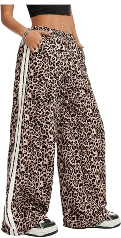 SHENHE Girl's Y2k Leopard Print Pants Wide Leg Baggy Side Stripe Cheetah Pants Trousers Brown 15 Years