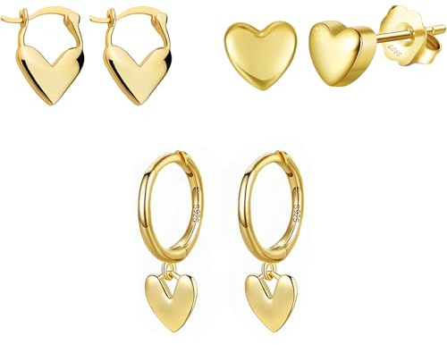 Epoch World 3 par guld hjärta örhängen hängande kreoler med hänge hjärta damer örhängen silver 925 kreoler guld örhängen små örhängen Huggie örhängen för kvinnor flickor kvinnor