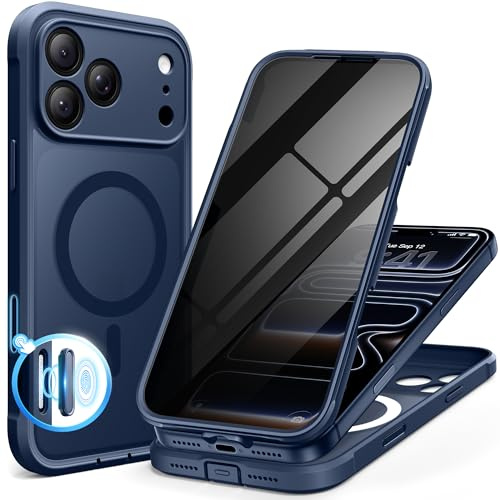 BERFY for iPhone 17 Pro Max Case, Compatible with MagSafe, Built-in Privacy Screen Protector, Camera Protection, Shockproof Full Body Phone Case 6.9, Translucent Blue