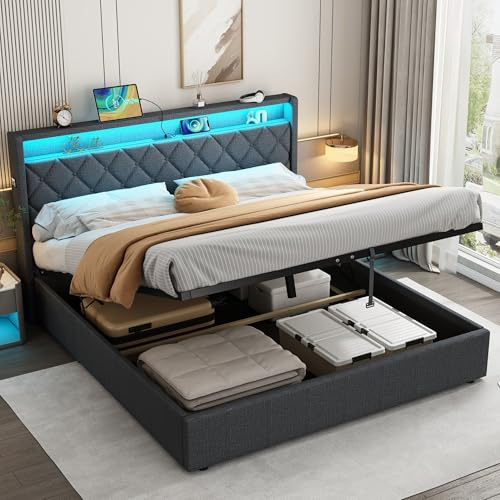 4ft6 Double Upholstered Bed Frame with Hydraulic Lift&Button Tufted Storage Headboard, Functional Ottoman Bed with LED Lighting&Charging Station, Linen Lift Storage Bed with Slat, No Mattress, Grey