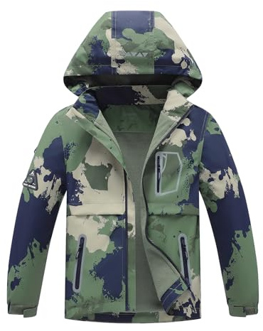 BuyiRen Boys Girls Windbreakers Jacket Rain Jackets Hooded Raincoat Fleece Lined Rain Coats for Kids, Camo, 7-8 Years
