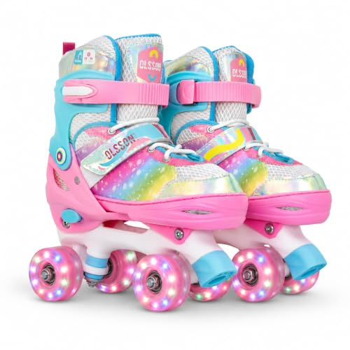 Patines 4 Ruedas Niños con Luces OLSSON Blossom - Talla Ajustable (28-35) Mediante botón - Rodamientos ABEC 7 de Carbono - Chasis Resistente - Sujeción Regulable Velcro (28-31)