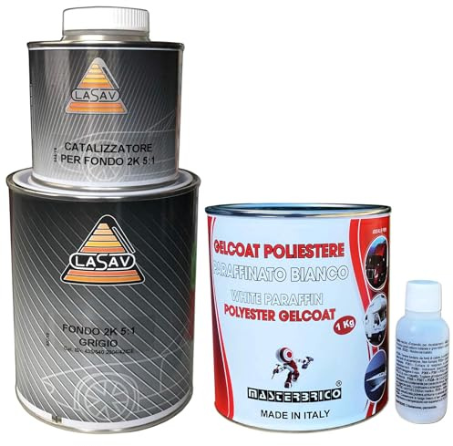 MASTERBRICO Kit Fondo Riempitivo Acrilico Grigio 1 L | + Gelcoat Paraffinato 1 kg – Sistema Completo per Carrozzeria e Superfici Composite, Primer 2K + Finitura Protettiva