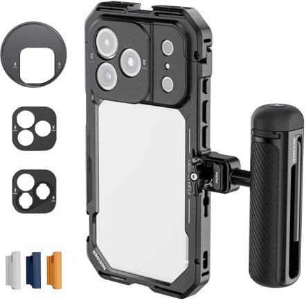 NEEWER Kit de Cage pour Téléphone Vidéo Uniquement Compatible avec iPhone 17 Pro,avec Bague de Filtre de 67mm,Plaque Arrière d'Objectif de 17mm et Monture T,Poignée Bluetooth, PA143 (Noir)
