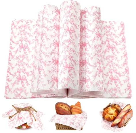 AnyDesign 150Pcs Pink Floral Bow Wax Paper Deli Paper Sandwich Wrap Tissue Vintage Chinoiserie Flower Bow Waterproof Oil-Proof Picnic Liner for Home Party Kitchen, 9.8 x 8.3 Inch