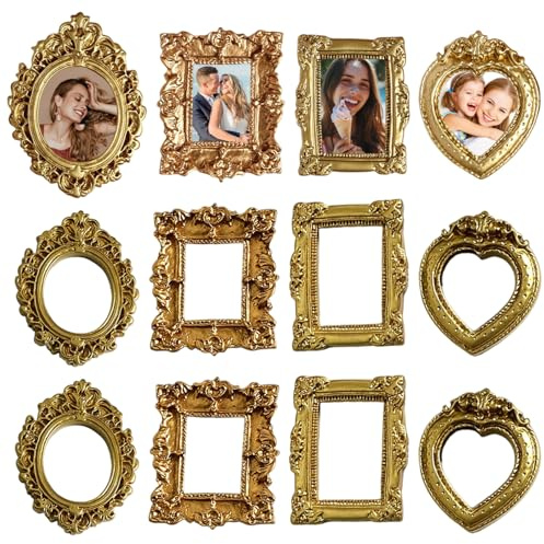 Muzrunq 12 Piccole cornici in Oro, Mini cornici in Resina Antica barocca per Foto Fai da Te, Feste, Decorazioni di Nozze per Natale